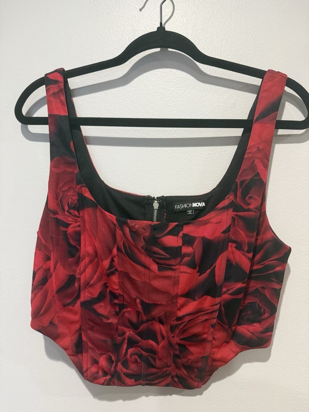 Fashion Nova Women's Corset Crop Top Tank Black Red Roses Floral Romantic Large